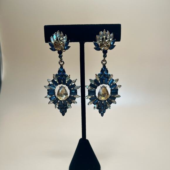 RHINESTONE DANGLE FORMAL ELEGANT CLIP ON EARRINGS WOMENS NAVY BLUE - Picture 2 of 4